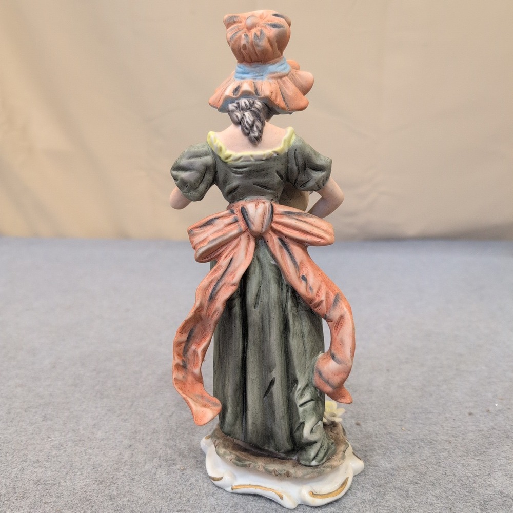 Vintage Hand Painted Porcelain Lady Figurine Green Dress Pink Flower Basket - Picture 3 of 6